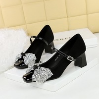 5296-H65 Korean version single word with rhinestone buckle Mary Jane single shoe square toe thick heel sequin bow middle heel women's shoes