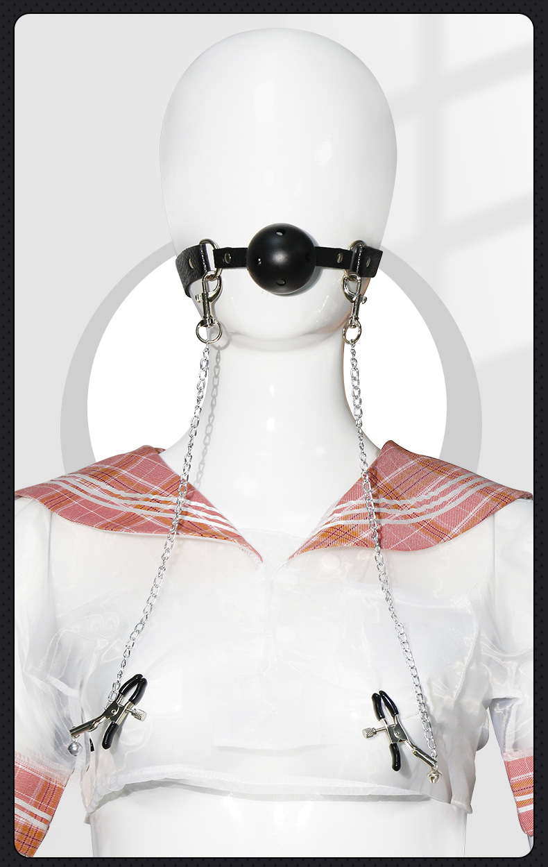 SM Mouth Gag and Nipple Clamp Set in Black Leather and Metal for Adult Bondage Play — detail image 9