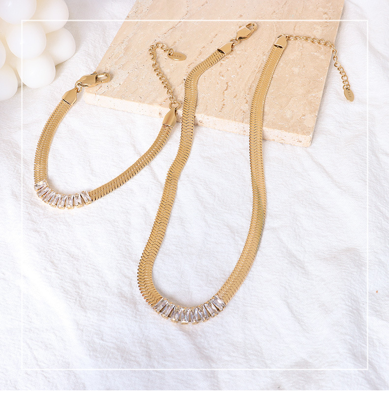 retro blade chain connecting square zircon titanium steel 18k gold necklace bracelet