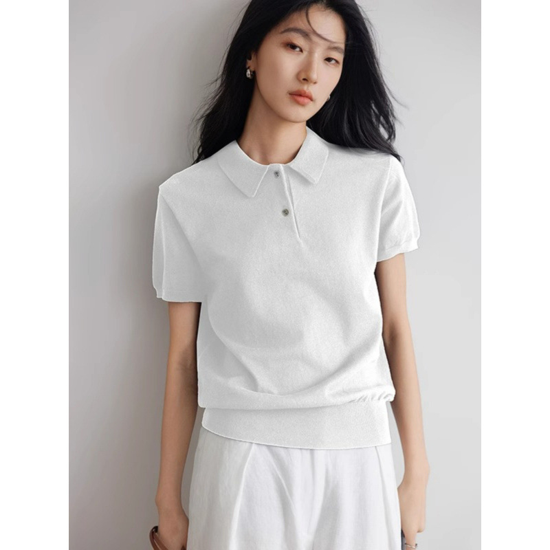 White 2025 Summer New Style Turn-Down Collar Short-Sleeve Base Shirt Versatile Women's Design Top Age-Reducing Slimming T-Shirt