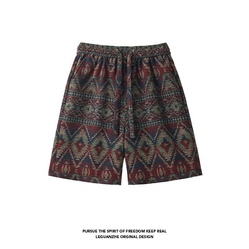 American-Style Dirty Shorts for Men, Summer Ethnic Style, Cool and Youthful Printed Knee-Length Shorts, Casual and Handsome Oversized