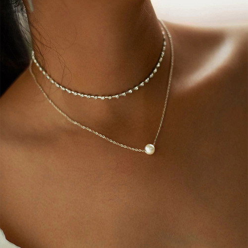 C107 European and American cross-border hot-selling jewelry classic versatile diamond claw chain imitation pearl pendant necklace set 2 pieces