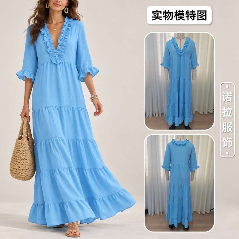 European and American Cross-Border Amazon Tk Women's Bohemian V-Neck Layered Casual Flowing Long Ruffle Dress