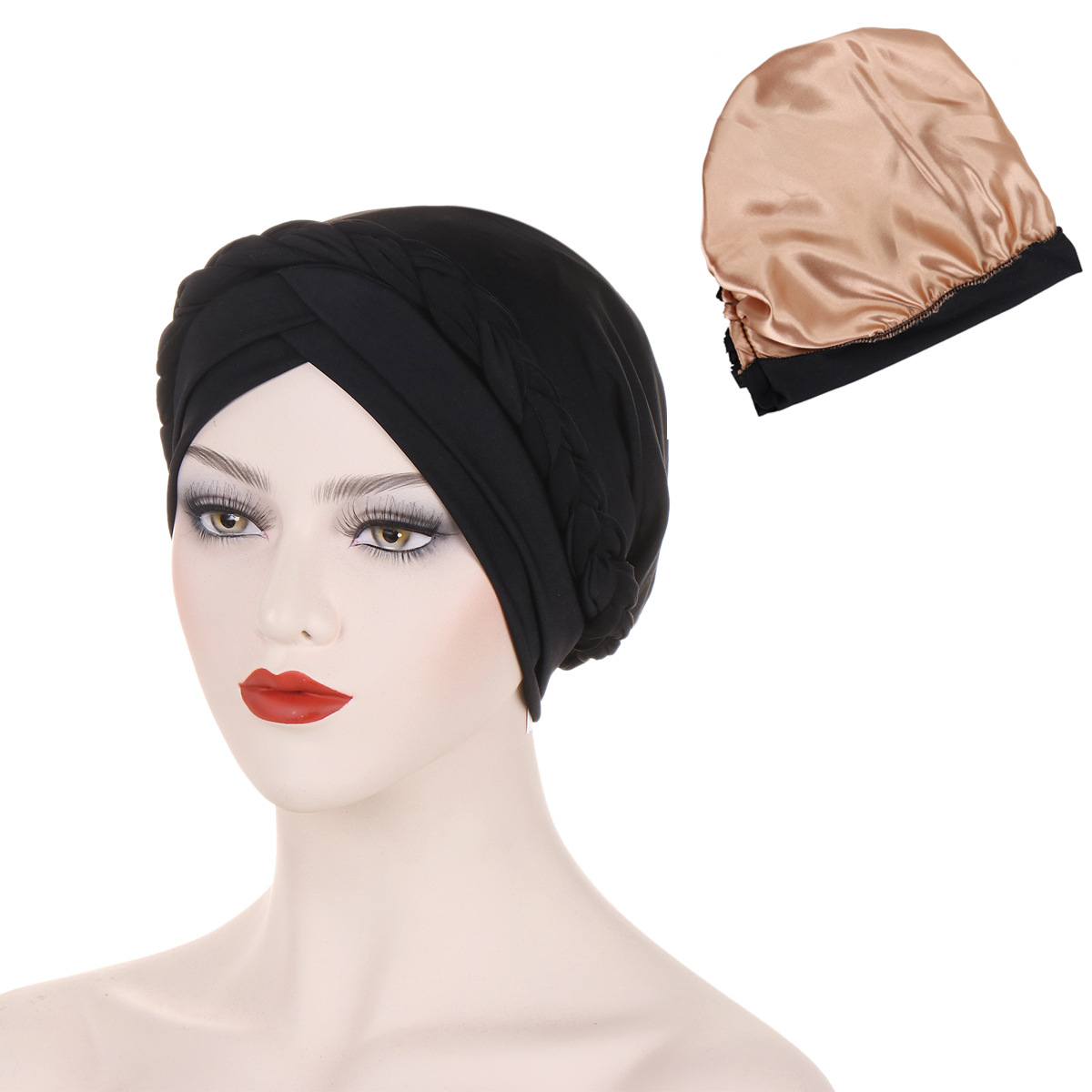 cappello turbante intrecciato foderato in raso tinta unita sulla fronte da donna doppia croce cappello pullover musulmano in stock_voghion.com