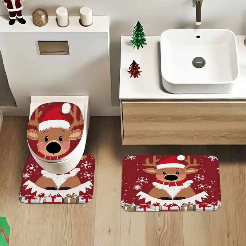 Cross-border diatomite toilet seat cover and floor mat 3-piece set, water-absorbent, dirt-resistant, non-slip floor mat, Christmas holiday floor mat