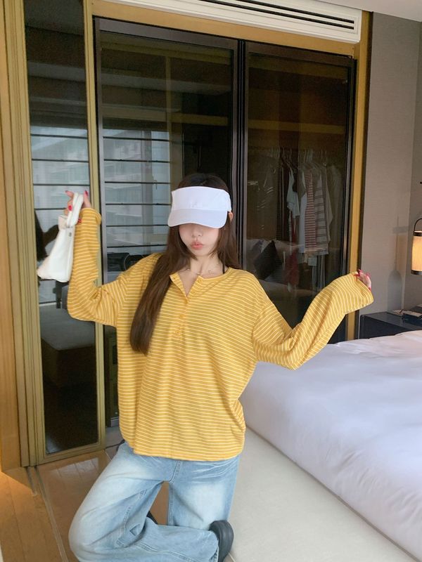 天丝罗纹 韩系穿搭慵懒风撞色条纹长袖防晒罩衫女夏长袖T恤上衣|undefined