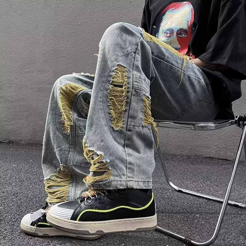 boy Cross-Border Green Ripped Jeans Men's Spring Autumn Trendy Brand European And American High Street Frayed Edge_viptrois.com