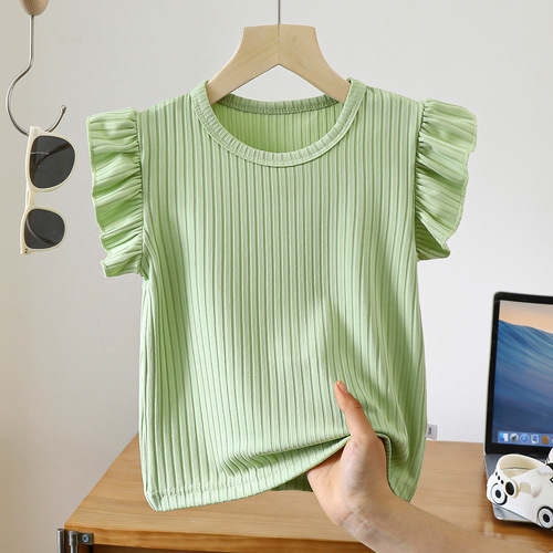 2025 Girls Summer Dress Summer Ice Silk Cute Baby Small Fly Sleeve Trendy Solid Color T-shirt for Little Girls Short Fashion Kids Top