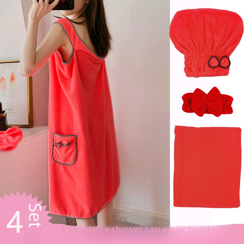Factory Coral Fleece Bath Skirt Wearable Thickened Women's Halter Neck Strap Magic Bath Towel Adult Beach Towel Bath Cap Set 