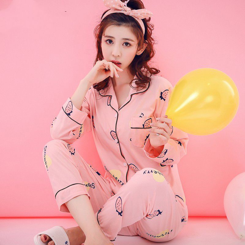 De gama alta 100% pijamas de algodón de las mujeres de primavera y otoño de verano de manga larga cardigan dulce casual suelta casa desgaste mamá traje