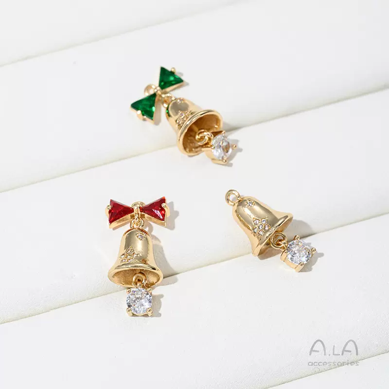 高保色14K包金镶锆石蝴蝶结铃铛吊坠diy手作手链项链圣诞饰品挂件