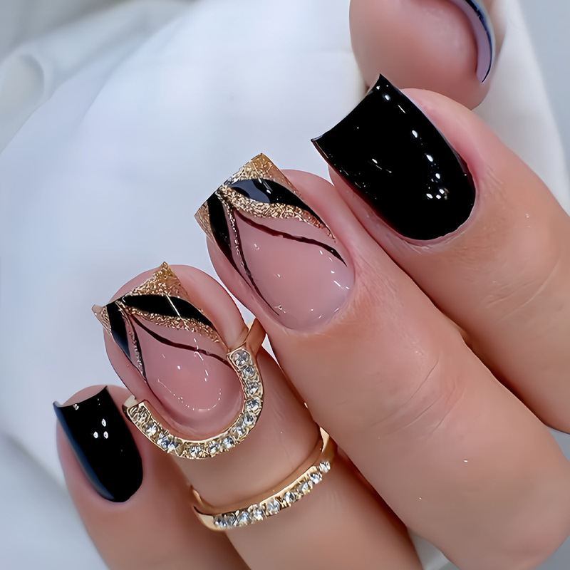 Chinese Elegant Black Striped Gold Shiny Glitter Press-On Nails Classic Versatile Black Cool Press-On Nails