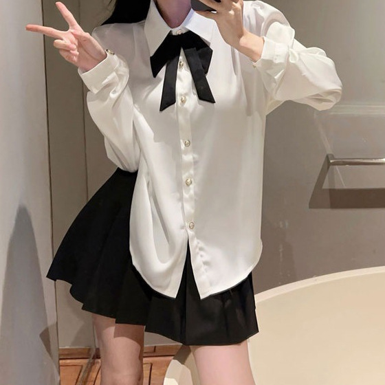 작은 유니폼 전문 대학 스타일 활 화이트 셔츠 탑 높은 허리 주름 치마 투피스 세트