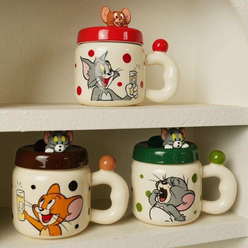 Taza de cerámica de gato y ratón con tapa, creativa, linda e interesante, personalidad especial, café con leche, taza de té con leche