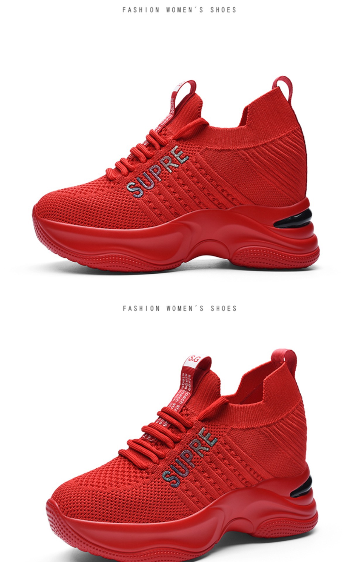 Giày sneaker nữ đế dày tăng chiều cao thoáng khí 2025 — LJ 9113 màu đỏ, LJ 9125 đen trắng thoáng mát phong cách mùa hè, LJ 8117 màu đen, JST 10115 đen đỏ chi tiết 1