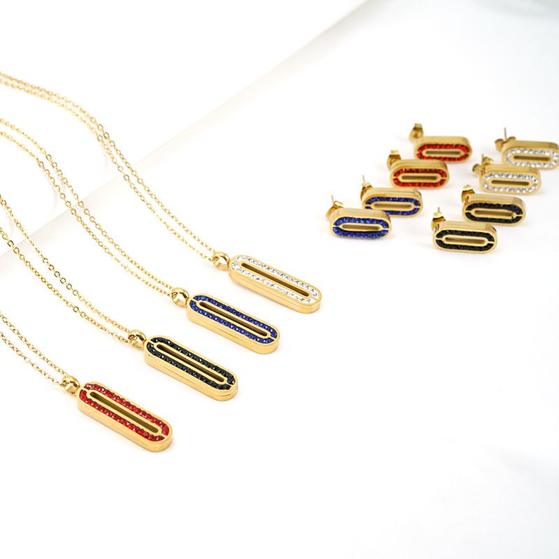 Fashion Oval Titanium Steel Inlay Rhinestones Earrings Necklace 1 Set