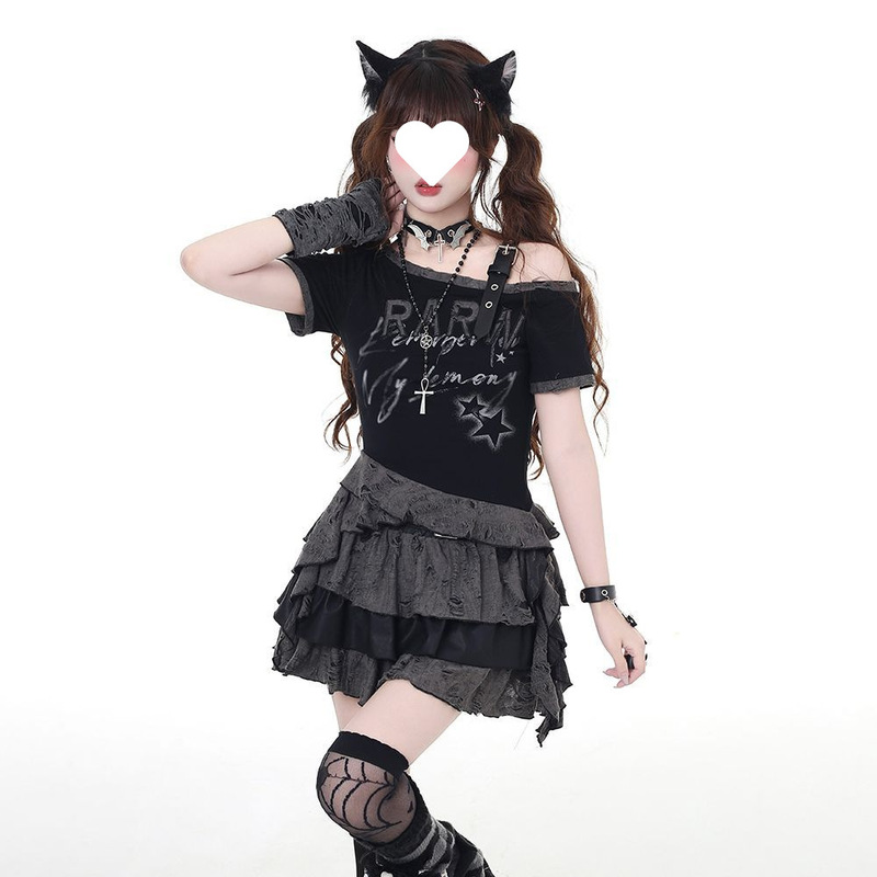Night God's Moon サブカルチャー オフショルダー ニッチデザイン ショートスリムトップ Tシャツ スカートスーツ ホットガールニッチ|undefined