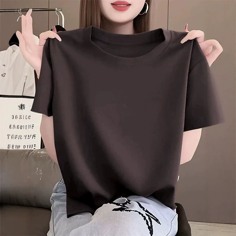 2026 New Style Women's T-Shirt with Regular Shoulders, Short Sleeves, Fashionable, Casual, Versatile, Slimming, Coffee Color, Basic Style, Base Shirt Top
