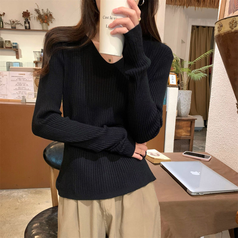 法式V领简约修身打底上衣女秋冬坑条显瘦内搭高级感软糯针织毛衣|undefined