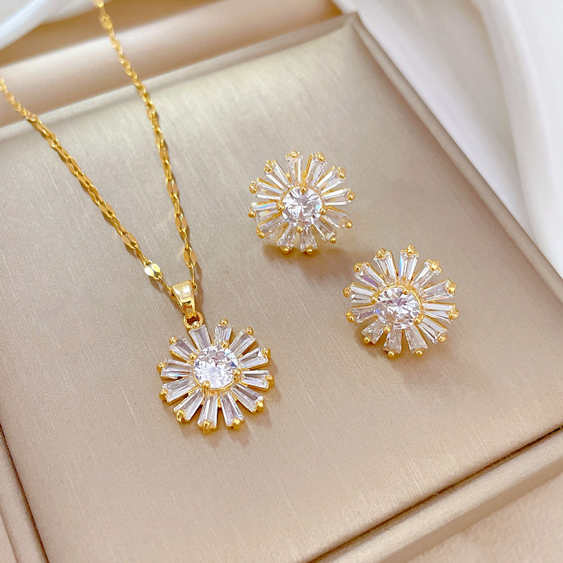 Titanium Steel Copper Luxurious Inlay Sunflower Zircon Earrings Necklace display picture 3