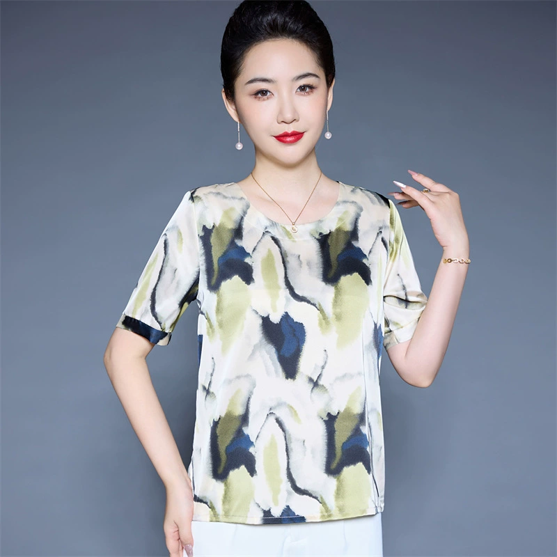 Летняя шелковая футболка с короткими рукавами для миниатюрных мам, рубашка с принтом, свободный большой размер, закрывающий живот, утягивающий топ с круглым вырезом