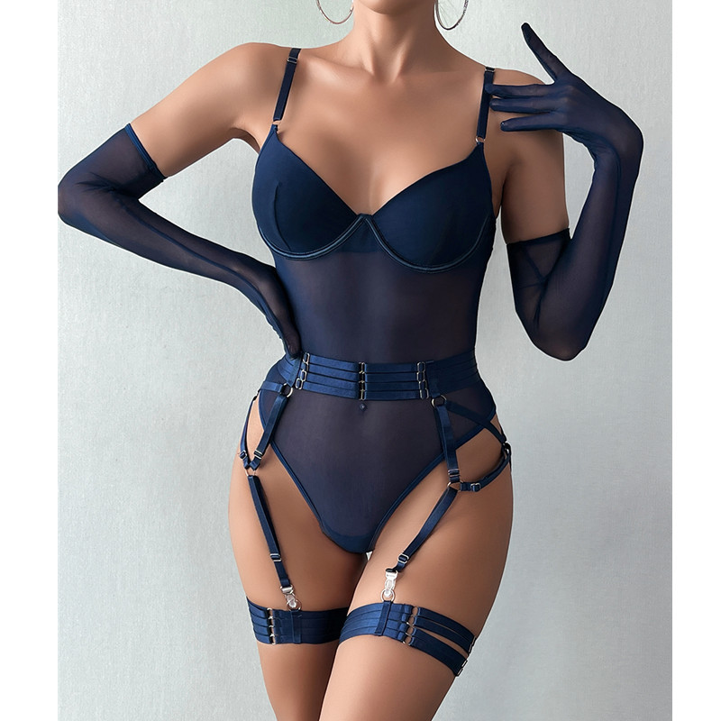 Dnika cross-border European and American Lingerie sexy one-piece tights with gloves Garter transparent mesh sexy
