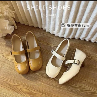 软皮版~7cm小个子内增高绝美浅口单鞋女秋季配裙子一字扣玛丽珍鞋