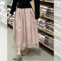 ピンクのガーゼのスカートのa字の半身の長いスカートの小さい背の女性の2025新型の夏は緩めて腰が高くて痩せています。