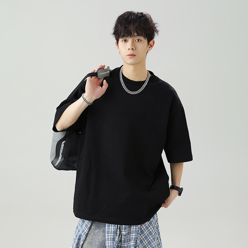 Japanese-style loose pure cotton short-sleeve T-shirt for men, 2025 summer solid color basic round neck t-shirt, couple's base layer shirt