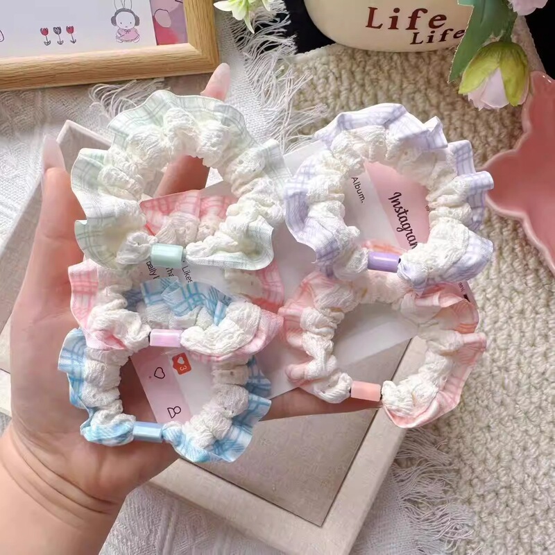 Lace cream lace hair tie, plaid hair rope, fresh and sweet Japanese-style hair accessory, boyfriend bracelet