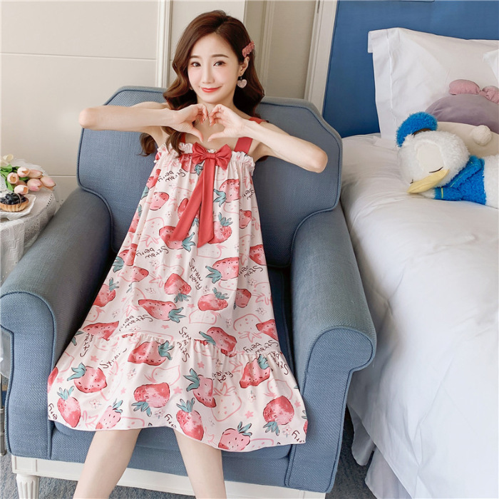 Comercio exterior 2023 correa de verano flojo camisón las mujeres largas dibujos animados arco dulce pijamas desgaste del hogar