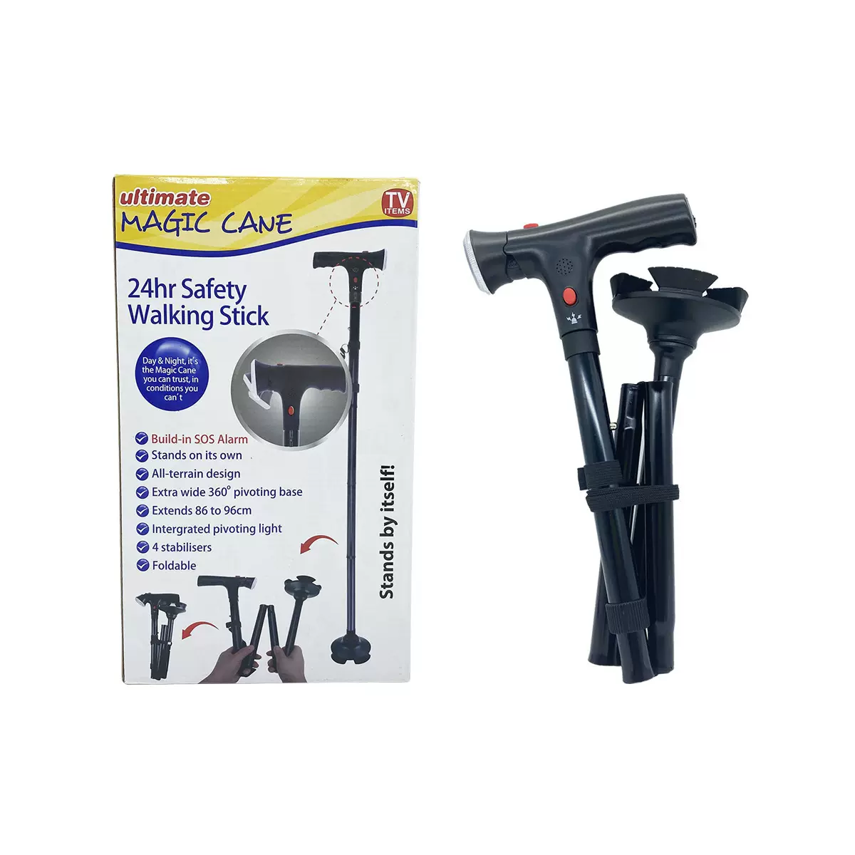 双手柄LED灯铝合金老人拐杖 魔术不倒翁手杖4节折叠警报登山拐杖