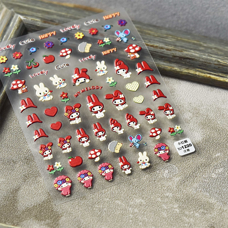 Papel adhesivo de uñas en línea popular de dibujos animados lindo pan conejo Etiqueta de uñas japonesa COLA alivio tridimensional hueco
