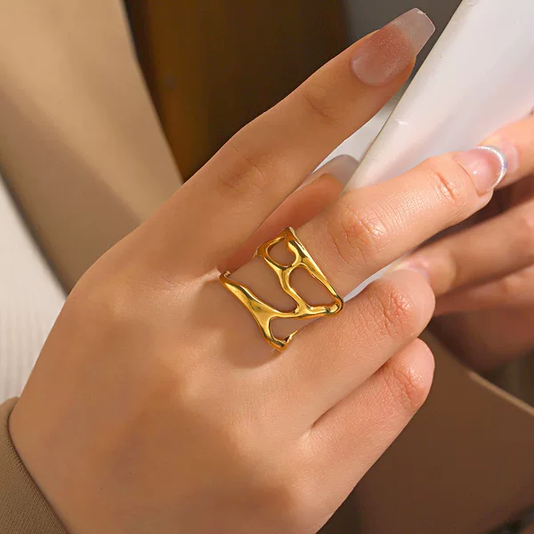 European and American popular stainless steel shaped ring female personality hip hop opening adjustable irregular gold plated ring wholesale