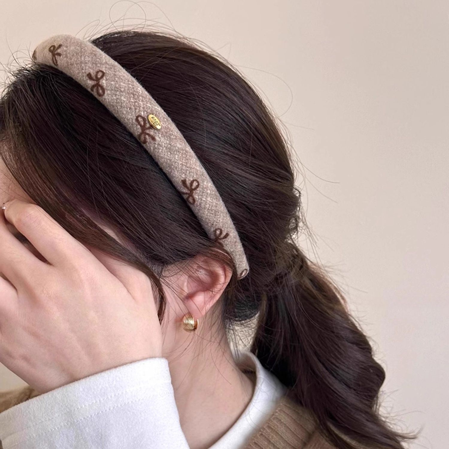 Milk tea headband brown bow