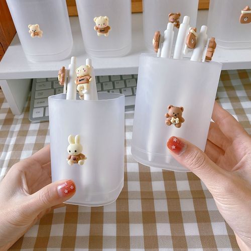 可爱韩版笔筒简约透明磨砂款笔筒桌面收纳盒文具收纳桶化妆收纳桶