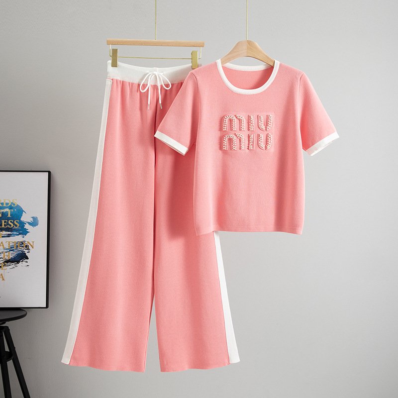 2026 Elegant Socialite Style Summer New Women's Set: Short-Sleeve Fashion Beaded Knit Top + High-Waisted Casual Long Skirt