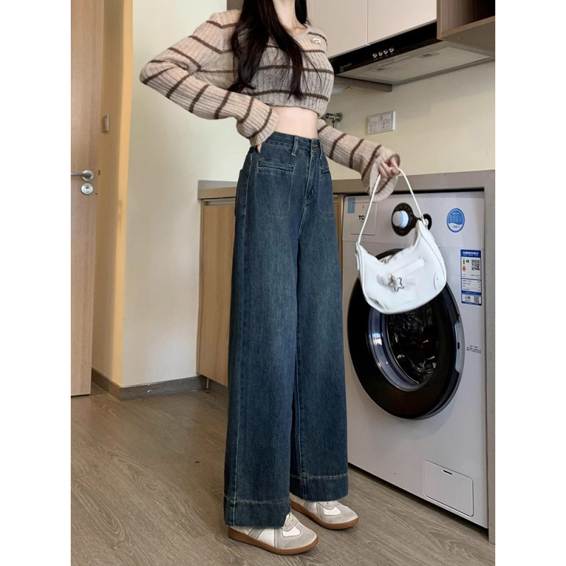 深蓝色牛仔裤女阔腿裤年秋季新款高腰宽松显瘦小个子直筒裤子