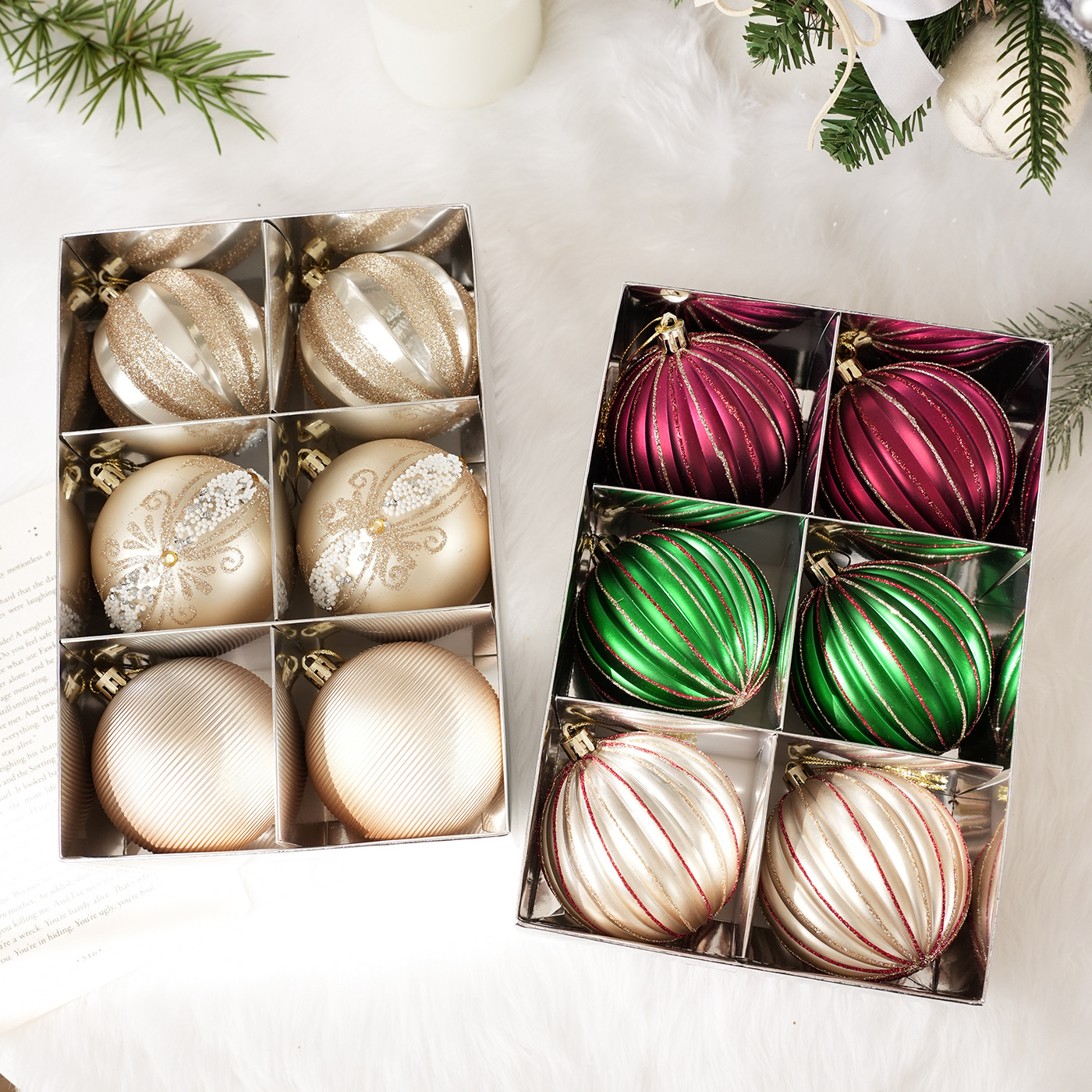 Nuevo producto 8CM bolas de Navidad en caja de color bolas de polvo adhesivo sequilla de plástico árbol de Navidad colgante decoración