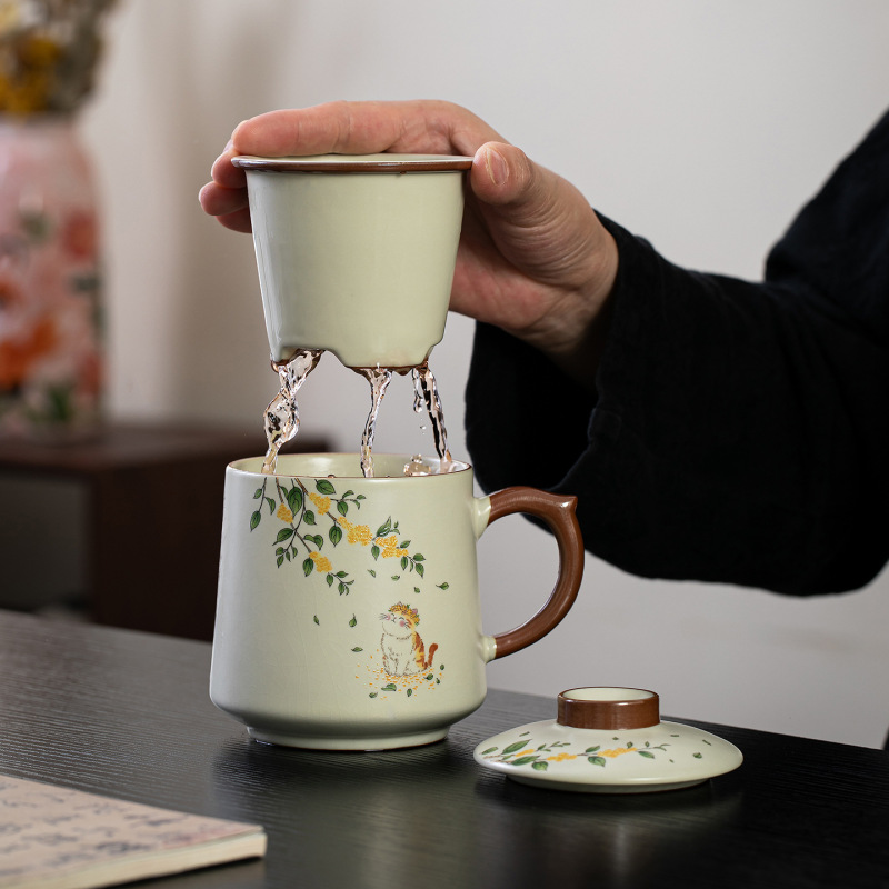 猫咪汝窑茶水分离杯家用办公室个人专用女士带盖过滤陶瓷泡茶杯子|undefined