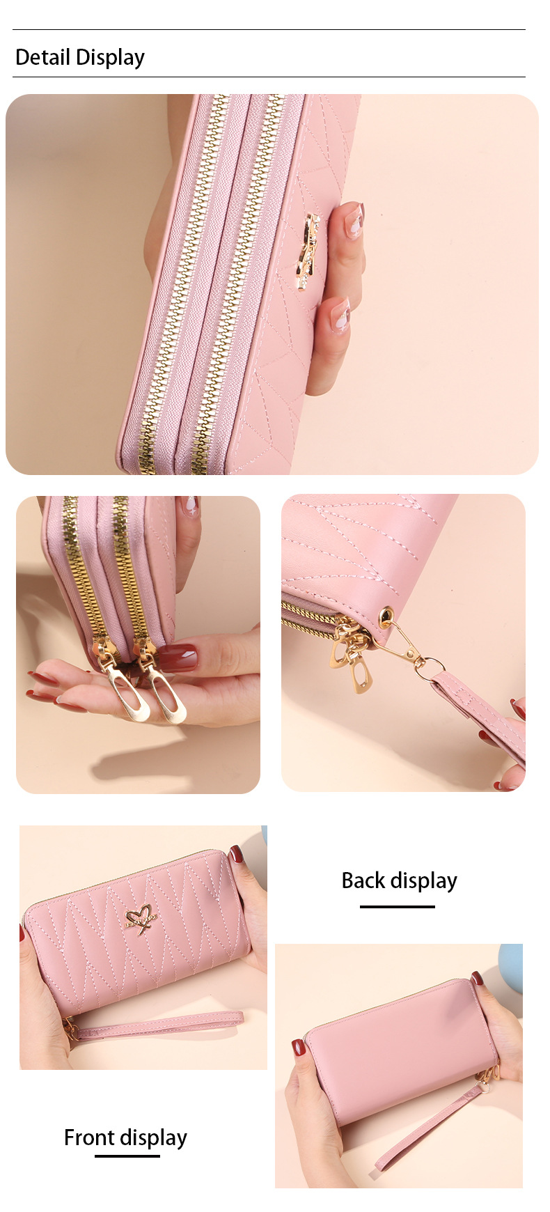 165g Weight Polyester Lining Material Zipper Closure Type Long Wallets Bags Type 1 Piece Quantity Daily Occasion Pu Leather Material Heart Shape, Solid Color Pattern All Seasons Season Women's Gender Simple Style Style Square Shape Women's Heart Shape Solid Color Pu Leather Zipper Long Wallets 6