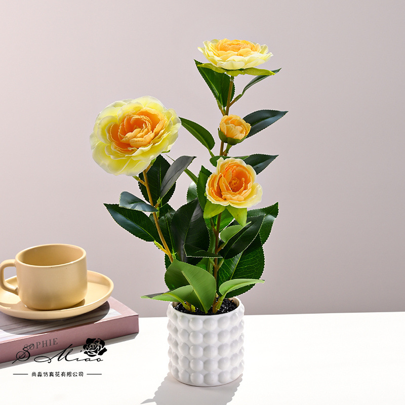 Plantas en maceta de camelia de cuatro cabezas transfronterizas, flores de simulación creativa, decoración de estudio fotográfico para el hogar, plantas verdes artificiales, simulación, macetas, falso image 4