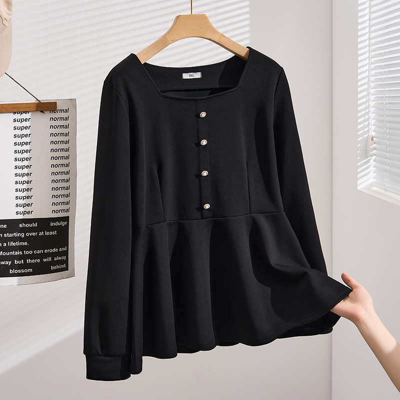 Spring and Autumn Style Oversized Women's Clothing Korean Style Plus Size 120kg Tummy-Concealing Slimming Square-Neck Long-Sleeve Top S5650