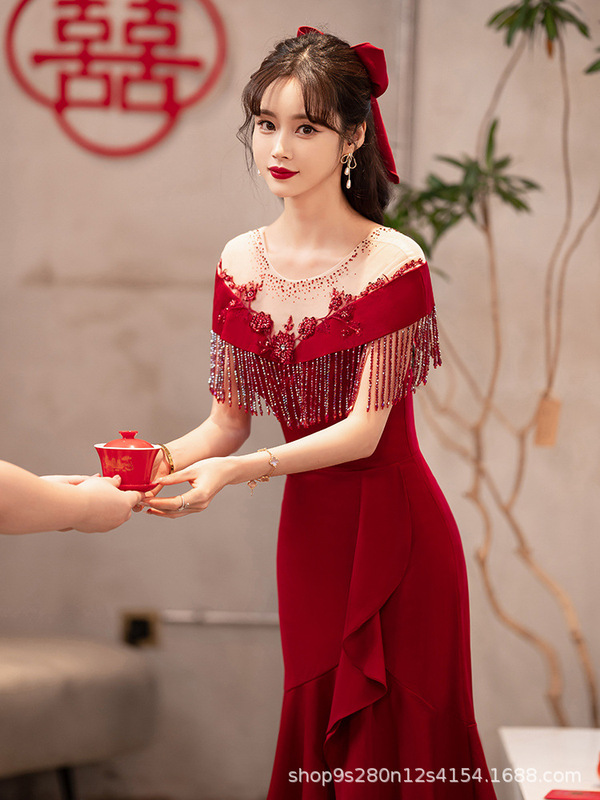 Small fishtail toast dress bride summer engagement wedding evening dress women's high-end design feeling back to the door wine red Small fishtail toast dress bride summer engagement wedding evening dress women's high-end design feeling back to the door wine red