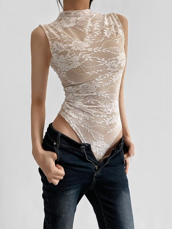 Summer New Style European and American Hot Girl Half-High Collar Sleeveless Lace Slim-Fit Tank Top Double-Layer Lace Hollow-Out Bodysuit for Export