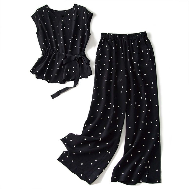 2026 Summer New Fashion Chiffon Two-Piece Set with Waist-Cinching Slim-Fit Polka Dot Top and Wide-Leg Pants Set