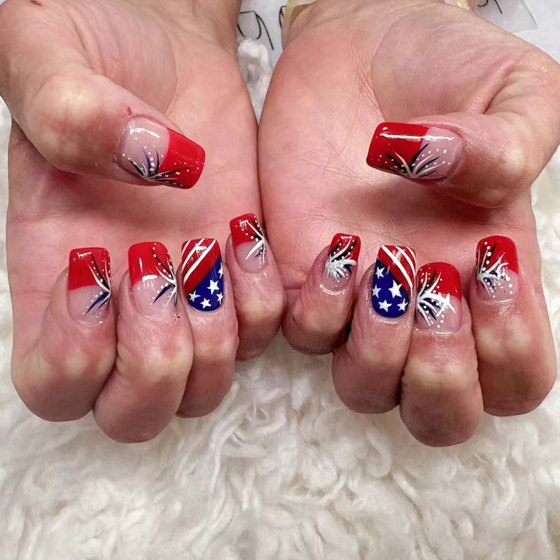 X-0313 Wear A European and American Independence Day Square Head Wear Nail Art Cross-border Foreign Trade Fake Nail Pieces 24