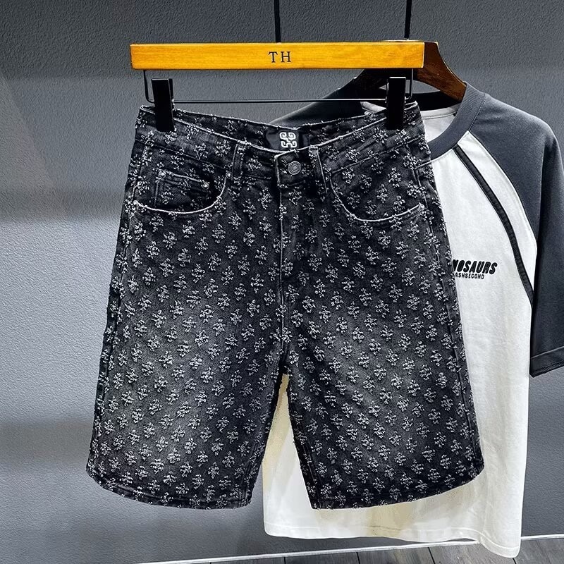Summer American Style Casual Retro Old-fashioned Scraped Denim Shorts Men's Straight Loose High Street All-match Five Cross-border Shorts