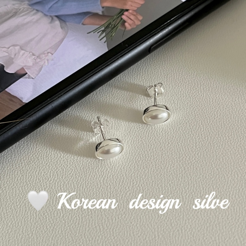 韓國東大門設計耳飾品 S925純銀靈動精巧橢圓珍珠耳釘氣質高級感
