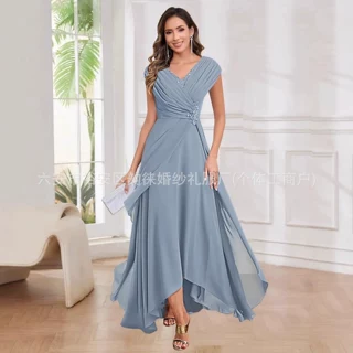 跨境外贸新款V领收腰雪纺晚礼服欧美宴会婚礼妈妈装礼服气质时尚